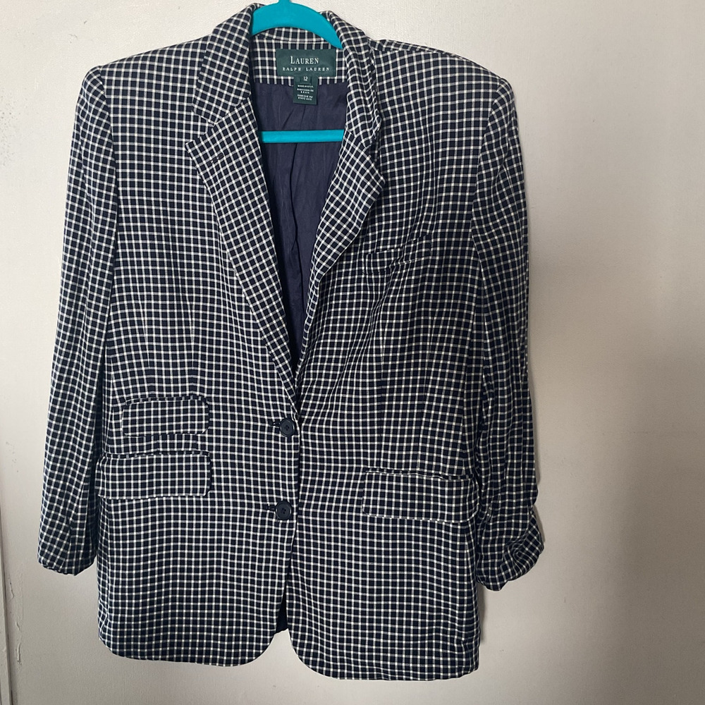 Vintage Ralph Lauren Blazer Women’s 12 90s Navy Check Made in USA 100% Rayon - Picture 3 of 8